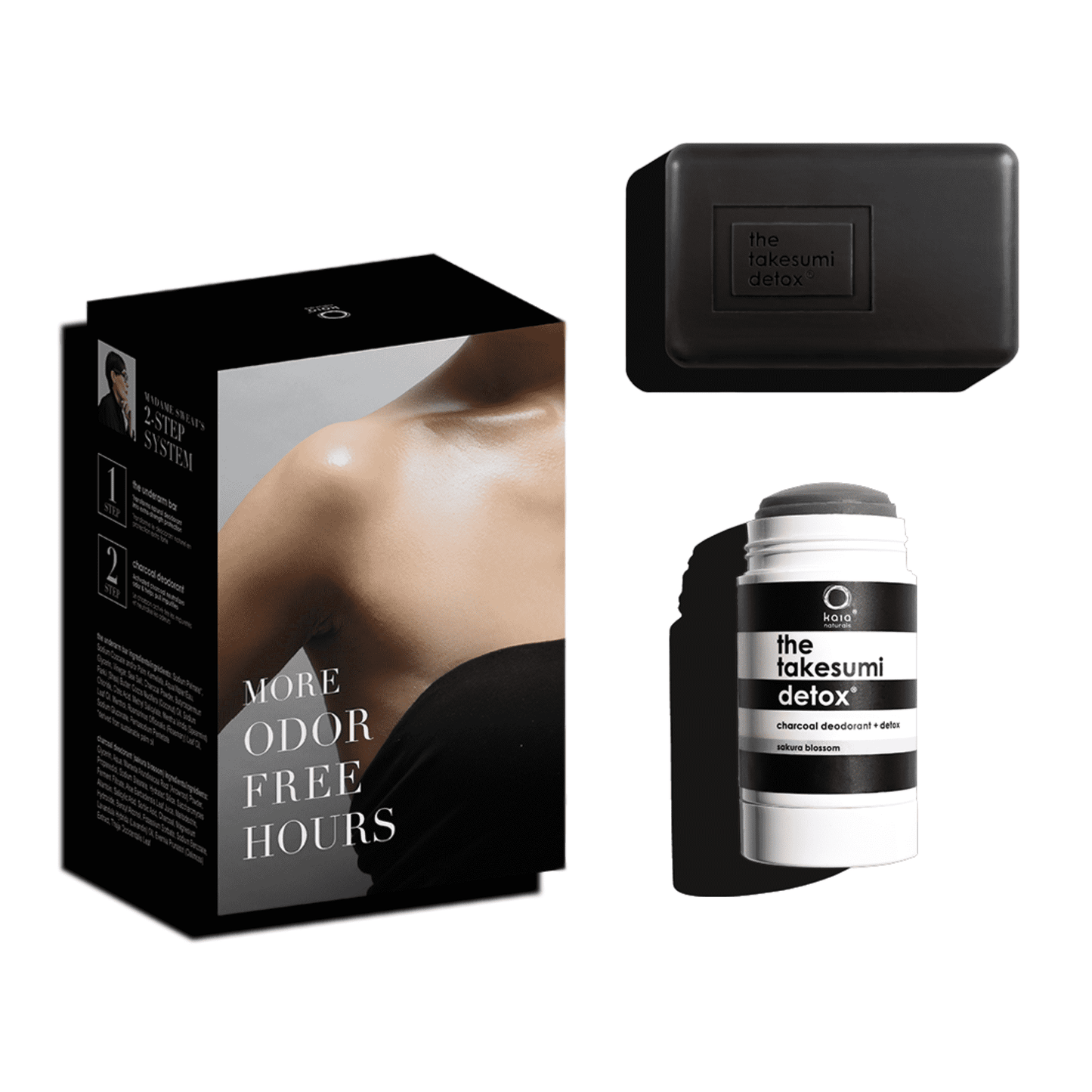 The Detox Underarm Affair by Kaia Naturals: Takesumi detox and Charcoal deodorant for odor-free hours.