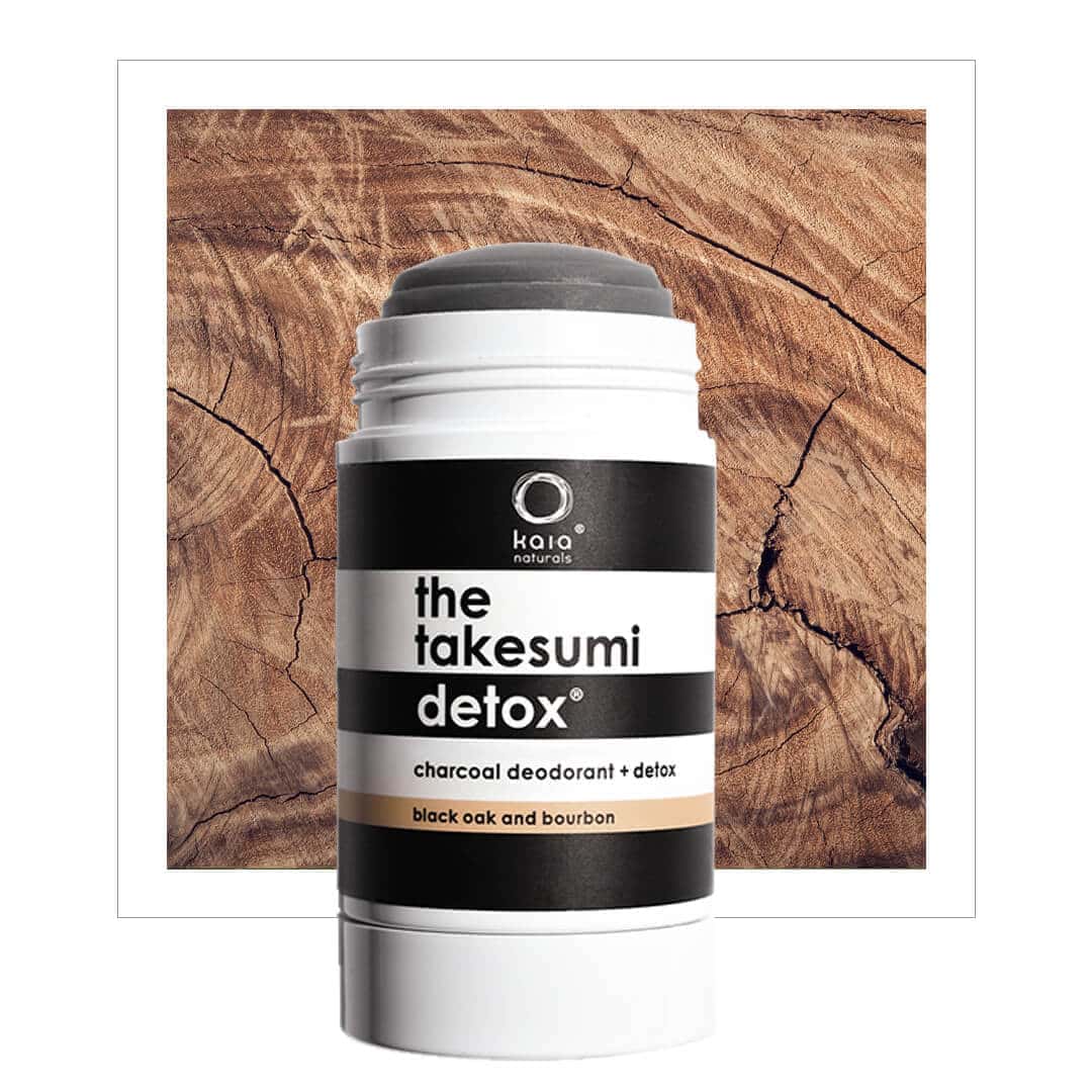 "CHARCOAL DEODORANT" by Kaia Naturals, featuring a sleek deodorant stick with a black oak and bourbon scent.