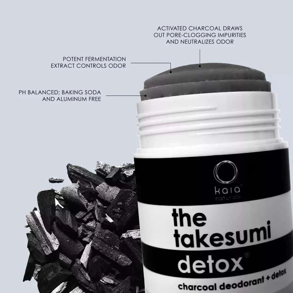 "CHARCOAL DEODORANT" by Kaia Naturals, highlighting key features such as activated charcoal, potent fermentation extract, and being pH balanced, baking soda, and aluminum-free.