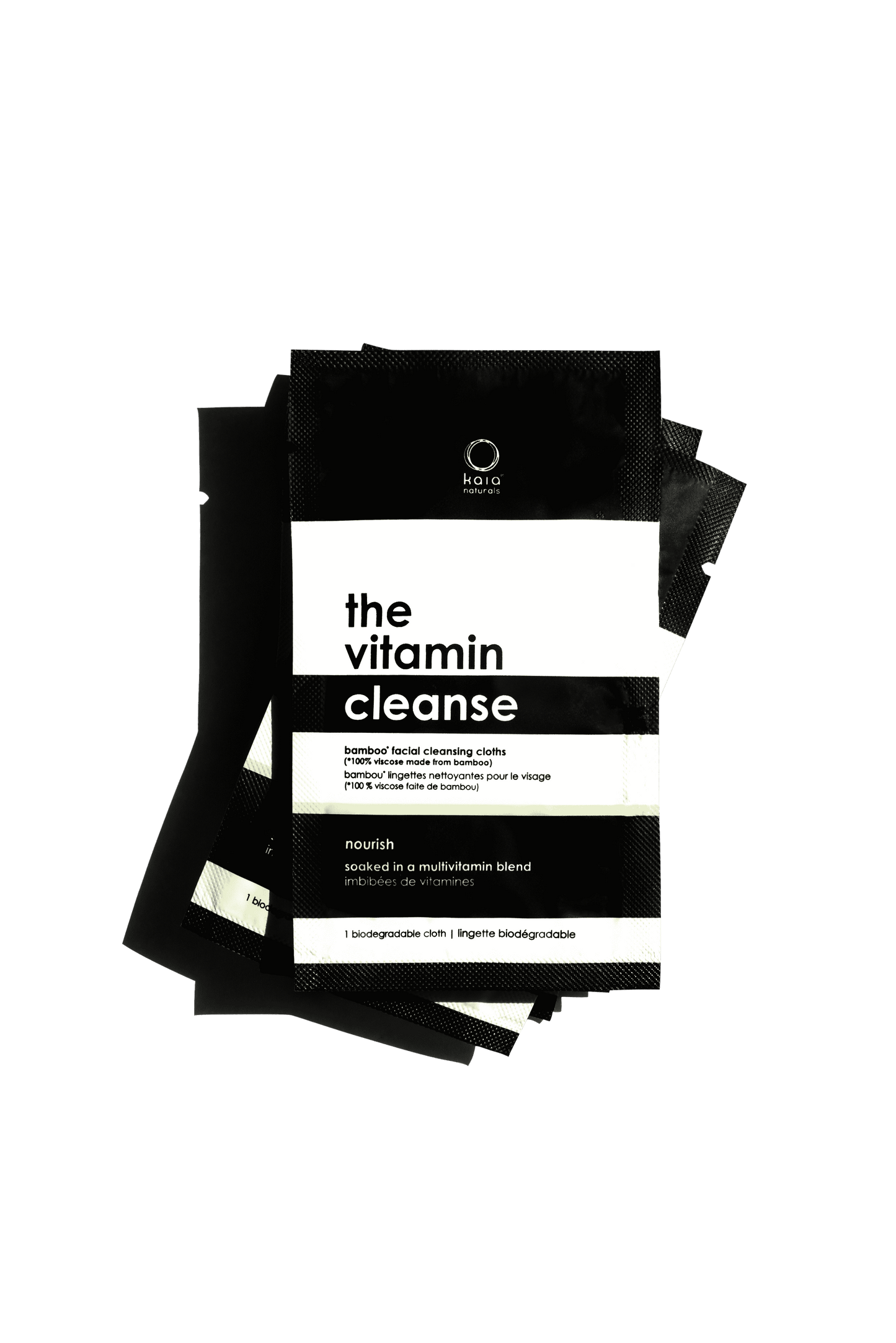 THE VITAMIN CLEANSE CLOTHS by Kaia Naturals, bamboo facial cleansing cloths soaked in a multivitamin blend, 1 biodegradable cloth per sachet.