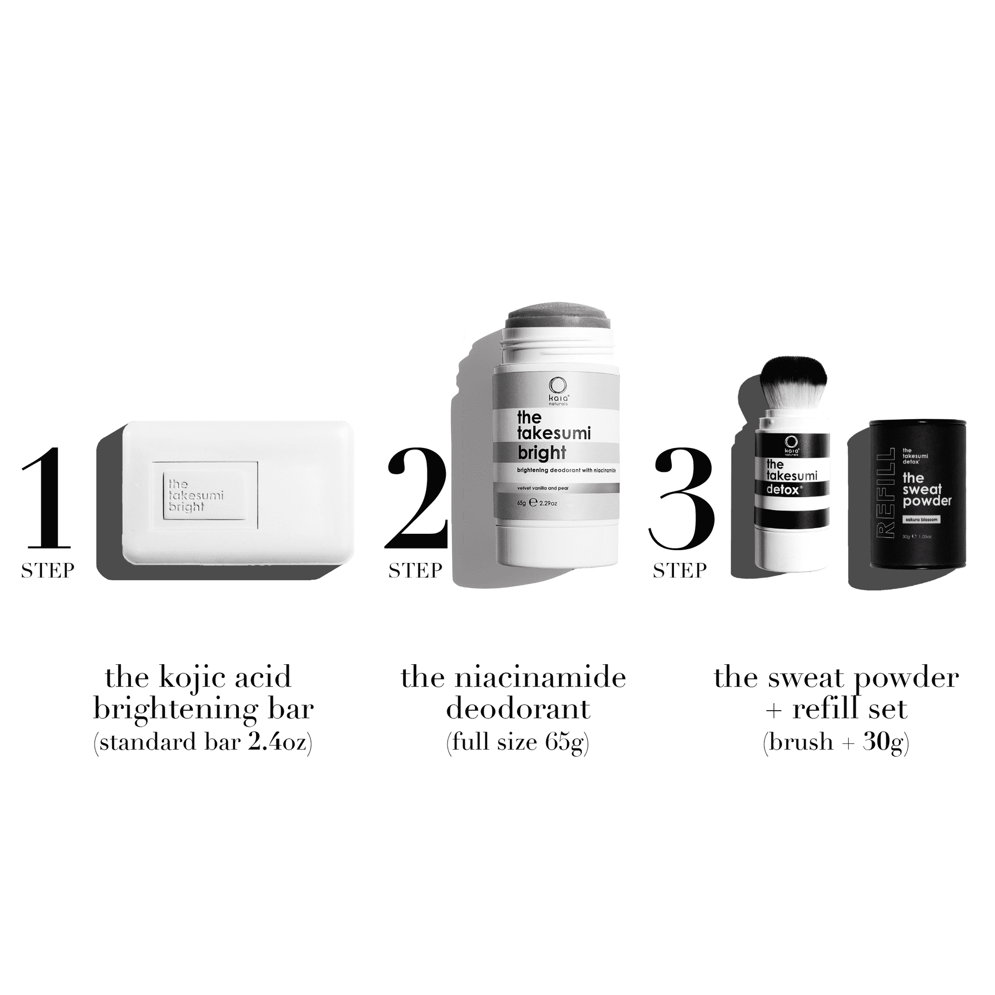 3-step system for brightening underarms and excess sweat by Kaia Naturals : kojic acid bar, niacinamide deodorant, sweat powder set.