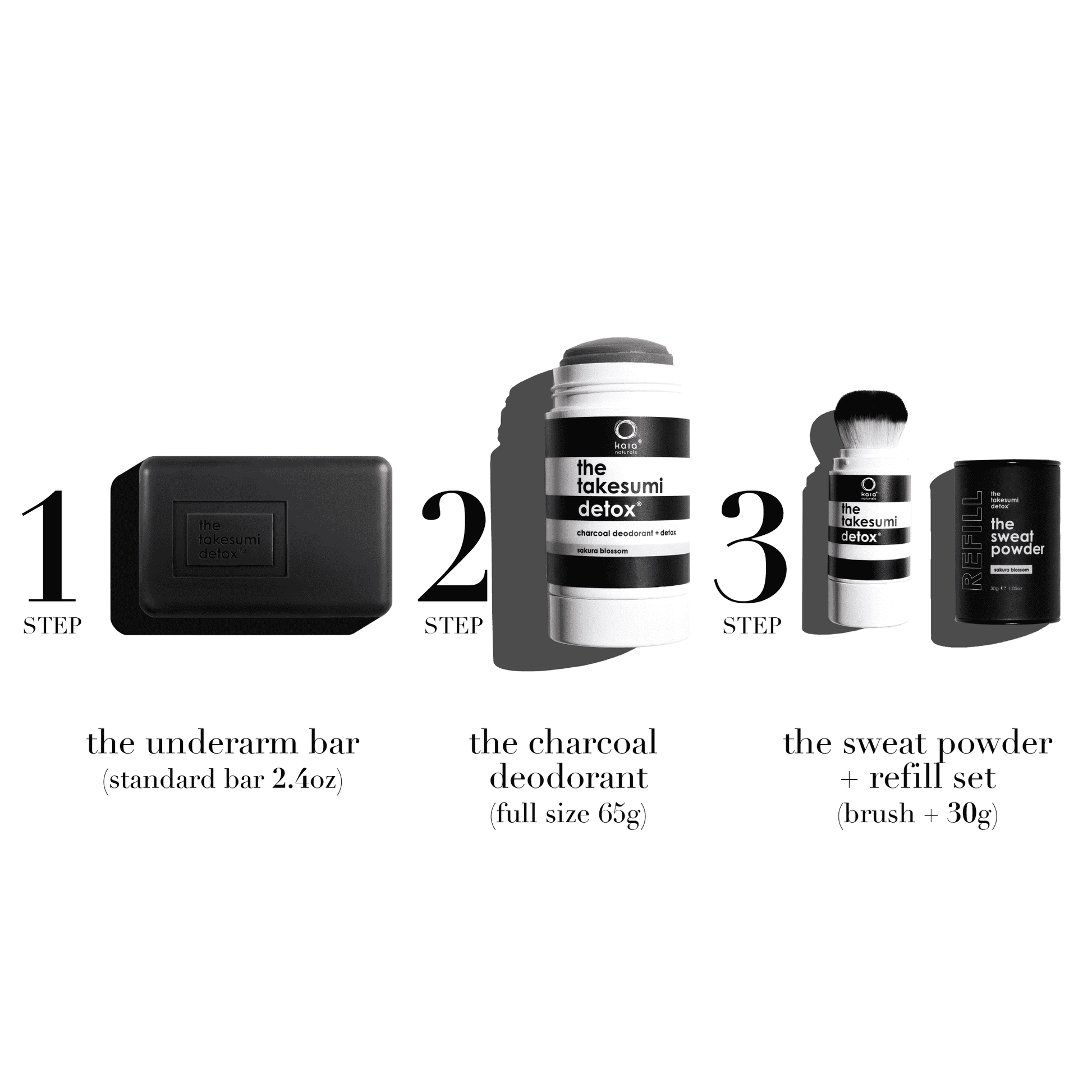 3-step system for excess odor and sweat by Kaia Naturals: Takesumi detox bar, charcoal deodorant, sweat powder set with brush.