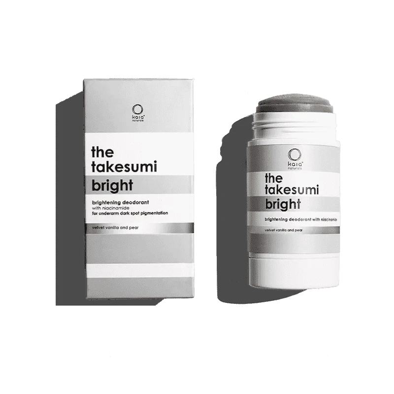 "THE NIACINAMIDE BRIGHTENING DEODORANT" by Kaia Naturals, featuring a deodorant stick designed for underarm dark spot pigmentation with a velvet vanilla and pear scent.