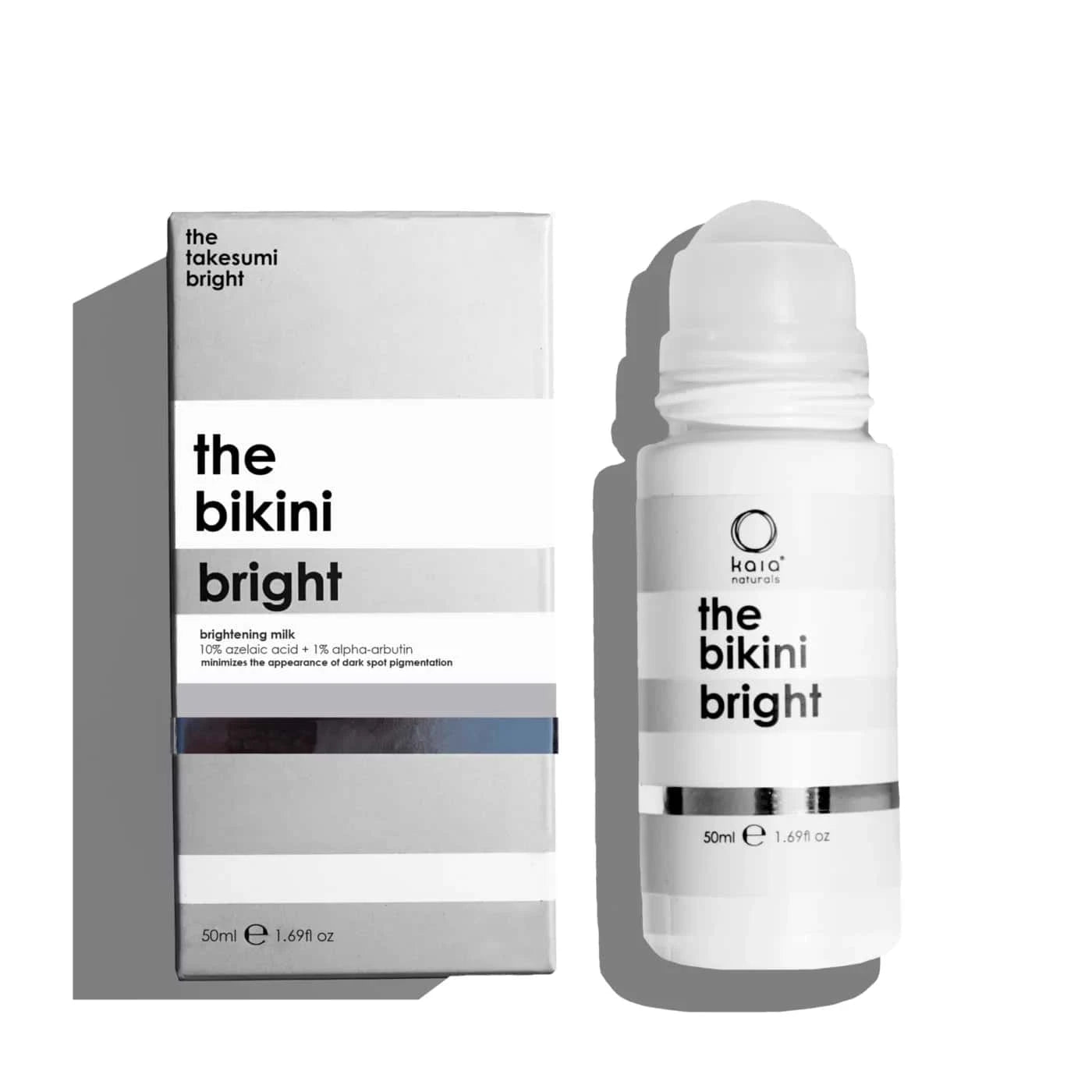 "THE BIKINI BRIGHT BRIGHTENING MILK" by Kaia Naturals, designed to minimize dark spot pigmentation with 10% azelaic acid and 1% alpha-arbutin.