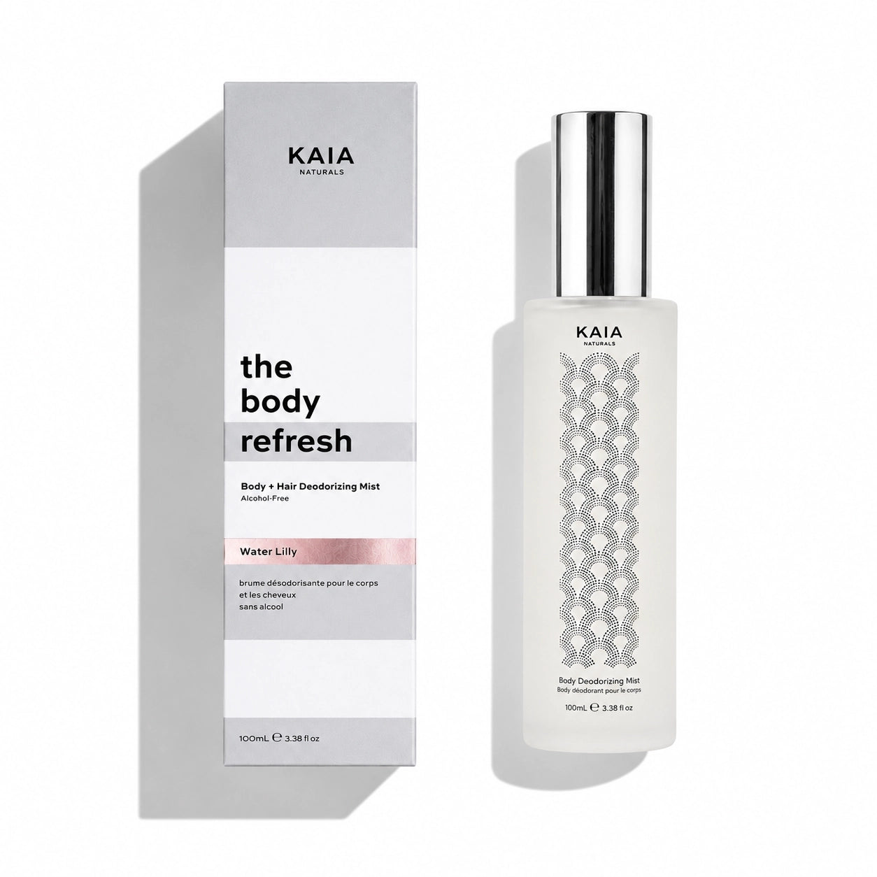 Kaia Naturals Body Refresh in a fresh Water Lilly scent 100ml alcohol-free deodorizing mist triethyl citrate and zinc for body and hair